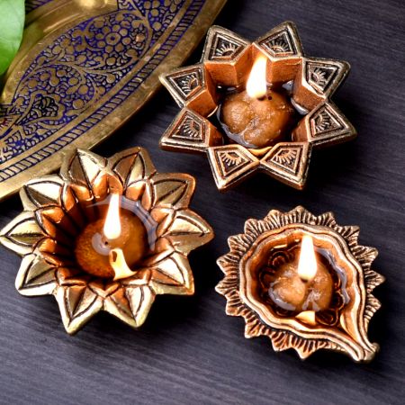 Classical Golden Brass Flower Shape Diwali Diya For Mandir Decoration Pack of 3